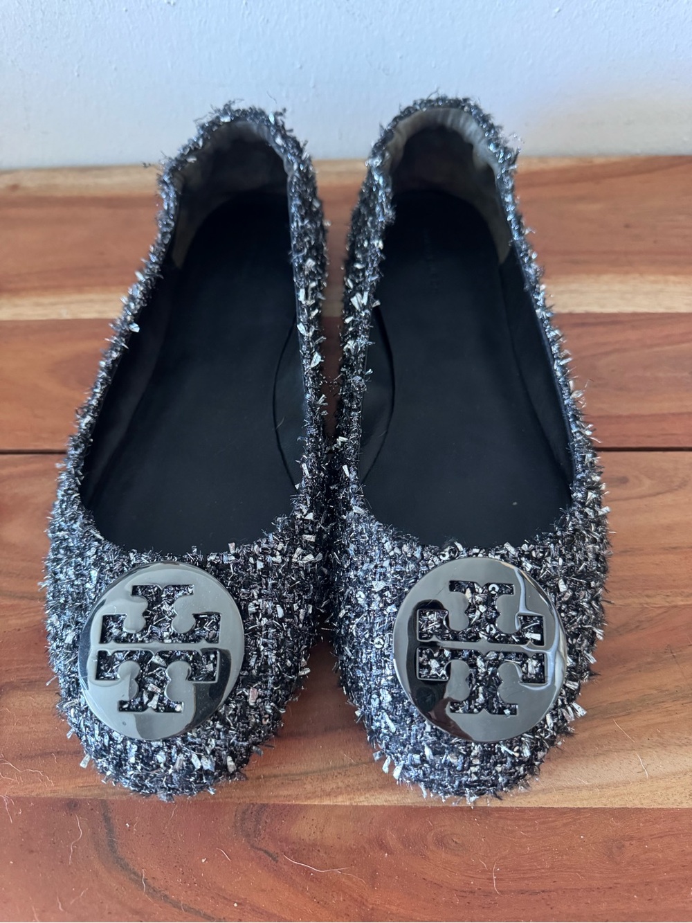 Tory Burch Black & Silver Tweed Logo Flats
